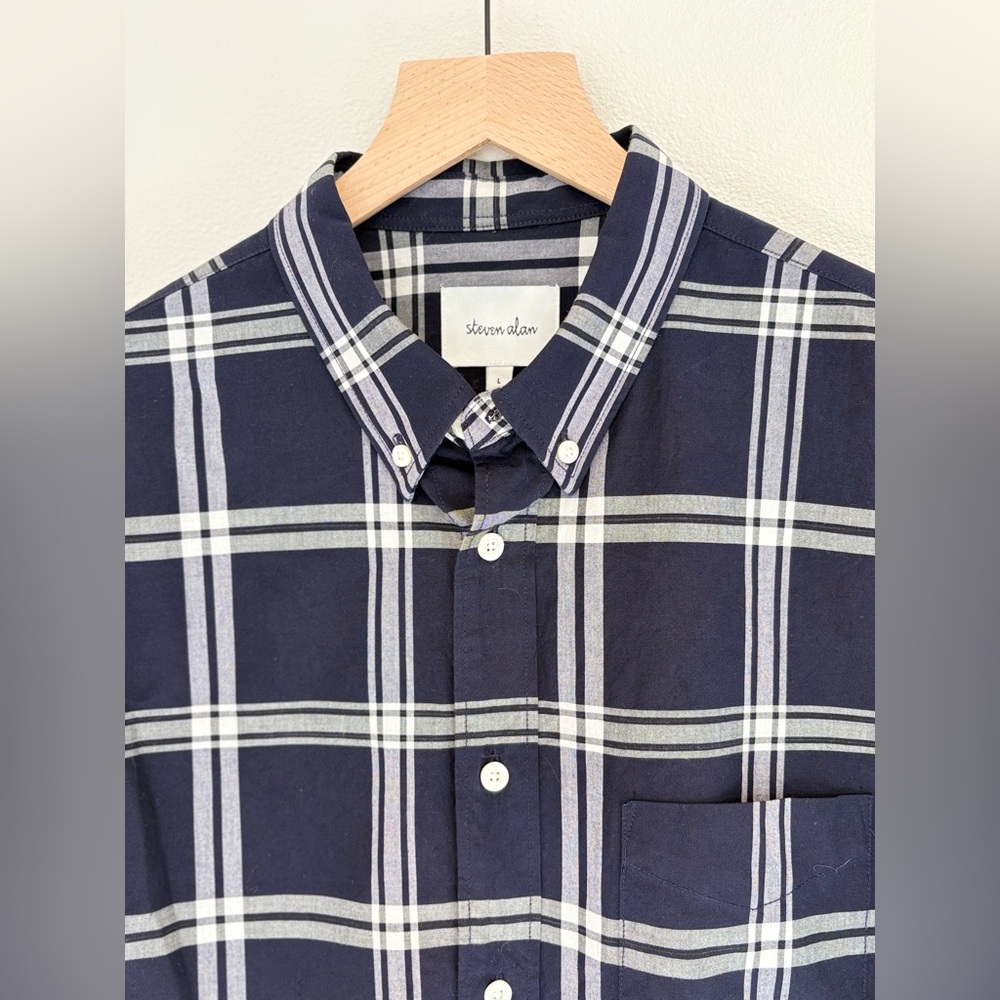 steven alan linen button down - deep blue large plaid grid 100% linen - L euc